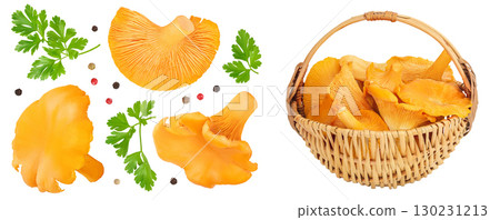 Chanterelle mushroom in a wicker basket isolated on a white background. Top view. Flat lay 130231213