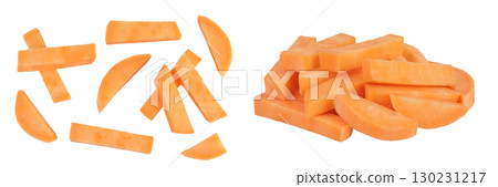 Sweet potato slices isolated on white background. Top view. Flat lay 130231217