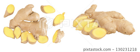 Fresh Ginger root and slices isolated on white background 130231218