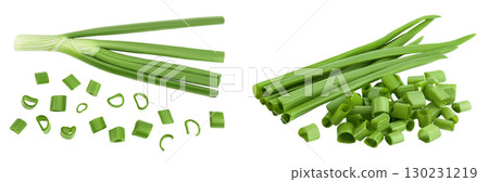 Green onion isolated on the white background. Top view. Flat lay. Green onion isolated on the white background. Top view. Flat lay. 130231219