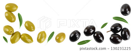 Green and black olives with leaves isolated on a white background. Top view. Flat lay 130231225