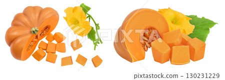 Fresh orange pumpkin isolated on white background with full depth of field. Top view. Flat lay 130231229
