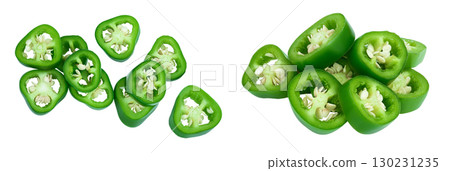 sliced jalapeno pepper isolated on white background. Green chili pepper with full depth of field. Top view. Flat lay sliced jalapeno pepper isolated on white background. Green chili pepper with full depth of field. Top view. Flat lay 130231235