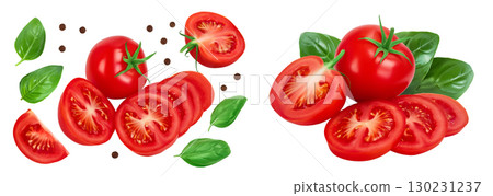 Tomato with slices isolated on white background with full depth of field. 130231237