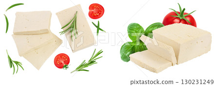 tofu cheese isolated on white background with full depth of field, Top view. Flat lay tofu cheese isolated on white background with full depth of field, Top view. Flat lay 130231249