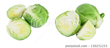 Brussels sprouts isolated on white background with full depth of field. Top view. Flat lay Brussels sprouts isolated on white background with full depth of field. Top view. Flat lay 130231253