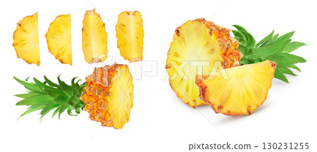 pineapple half with slice isolated on white background with full depth of field. Top view. Flat lay 130231255