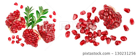 Pomegranate peaces isolated on white background with full depth of field. Top view. Flat lay 130231256