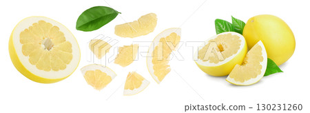 pomelo with slice and leaf isolated on white background with copy space for your text . Top view. Flat lay. 130231260