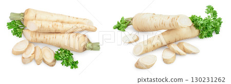Parsley root with slices and leaves isolated on white background. Top view. Flat lay 130231262