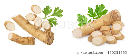 Horseradish root with slices and parsley isolated on white background. Top view. Flat lay 130231263