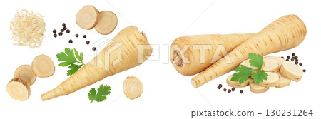 Parsnip root and slices with parsley isolated on white background . Top view. Flat lay 130231264