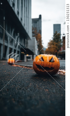 Pumpkin decor along urban street in autumn Pumpkin decor along urban street in autumn 130231313