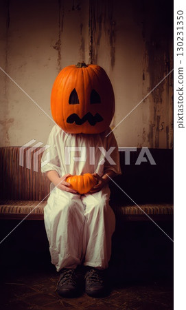 Pumpkin head person sitting on a couch during fall 130231350