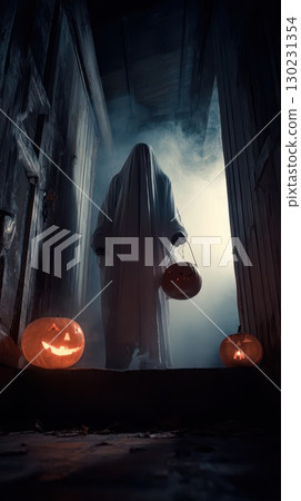 Haunted figure with pumpkin lanterns 130231354