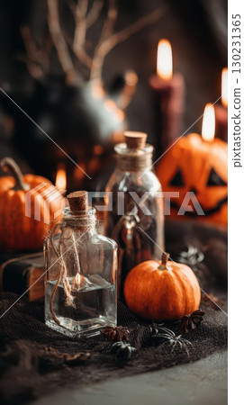 Festive autumn display with pumpkins and bottles 130231365