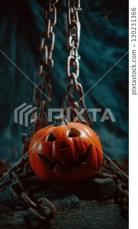 Chains on Halloween pumpkin in darkness 130231366