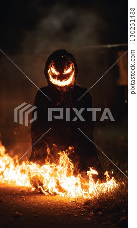 Black figure with a fiery pumpkin head Black figure with a fiery pumpkin head 130231488
