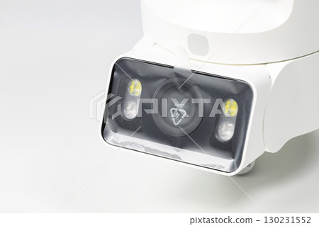 close-up shot lens with film protection of brand new home security camera on white background. close-up shot lens with film protection of brand new home security camera on white background. 130231552
