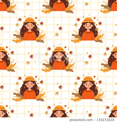 Autumn seamless pattern. Cute Woman in hat with falling leaves on White Checkered Background. Vector illustration. Autumnal template for seasonal design, packaging, wallpaper and textile. Not AI 130231628