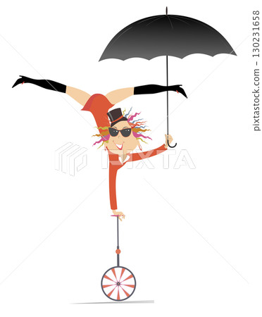 Equilibrist woman with umbrella balances on the unicycle. Sexy young woman in the top hat with umbrella balances on one hand on the unicycle. Isolated on white background 130231658