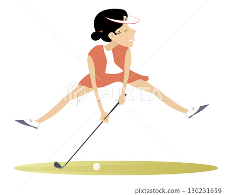 Golfer woman on the golf course. Golf course. Young golfer woman aiming to do a good shot. Isolated on white background Golfer woman on the golf course. Golf course. Young golfer woman aiming to do a good shot. Isolated on white background 130231659