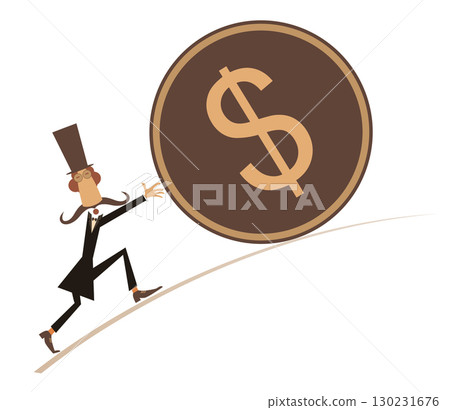 Cartoon man rolling a dollar coin. Success in business. Gambling. Lottery. Cartoon long mustache man in the top hat rolling a dollar coin. Isolated on white background Cartoon man rolling a dollar coin. Success in business. Gambling. Lottery. Cartoon long mustache man in the top hat rolling a dollar coin. Isolated on white background 130231676
