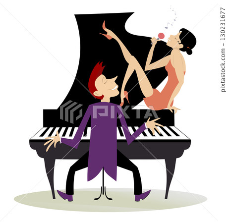 Couple musicians. Singer woman and pianist man. Duet of musicians. Pianist man and sitting on the piano singer woman 130231677