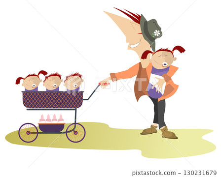 Happy man with children in the stroller and hand. Cheerful young father holding a baby and driving a stroller with three babies. Isolated on white background 130231679