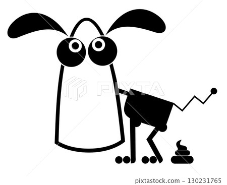 Cartoon dog pooping. Funny shitting dog or puppy. Flat style. Black and white illustration 130231765