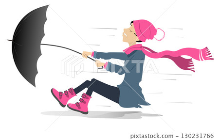 Young woman, umbrella and windy day. Young female person in warm clothes with umbrella stands on the strong wind. Isolated on white background 130231766