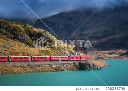 Aerial view of red train near alpine mountain lake and cloudy sky 130231790