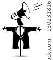 Scarecrow using a megaphone to scare birds.  Cartoon scarecrow with megaphone instead head. Black and white concept illustration 130231816