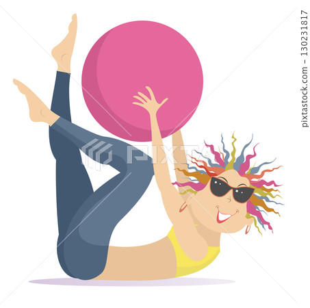 Young woman does exercises with a ball. Fitness. Cheerful beautiful female doing exercises with fitness ball Young woman does exercises with a ball. Fitness. Cheerful beautiful female doing exercises with fitness ball 130231817