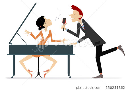 Couple musicians, singer man and pianist woman. Expressive duet of man with a microphone and pianist woman. Isolated on white background 130231862