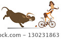Angry bull and cyclist man.  Cartoon frightened cyclist man escapes from the angry bull. Isolated on white background 130231863