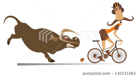 Angry bull and cyclist man. Cartoon frightened cyclist man escapes from the angry bull. Isolated on white background Angry bull and cyclist man. Cartoon frightened cyclist man escapes from the angry bull. Isolated on white background 130231863