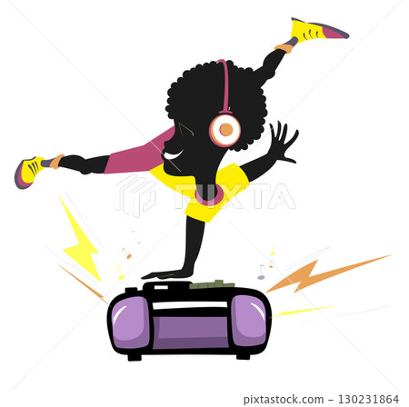 Teenager, brake dance, boom box and loud music. Cartoon African teenager with headphones stands head over heels on one hand on boom box Teenager, brake dance, boom box and loud music. Cartoon African teenager with headphones stands head over heels on one hand on boom box 130231864