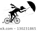 Rainy and windy day and man rides a bike.  Bad weather. Man with an umbrella rides a bike under strong wind and rain. Black and white illustration 130231865