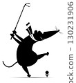 Cartoon rat or mouse plays golf.  Funny rat or mouse tries to do a good shot. Black and white illustration 130231906