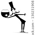 Cartoon man holding a fishbowl.  Funny long mustache person in the top hat holds aquarium with goldfish. Black on white background 130231908