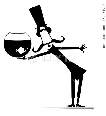Cartoon man holding a fishbowl.  Funny long mustache person in the top hat holds aquarium with goldfish. Black on white background 130231908