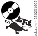 Cute raccoon holding long play record. Music on vinyl. Cartoon cute raccoon holds vinyl record. Black and white illustration 130231909