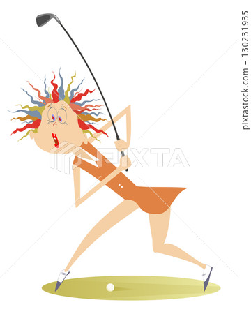 Golfer woman on the golf course. Golf course. Young golfer woman aiming to do a good shot. Isolated on white background 130231935