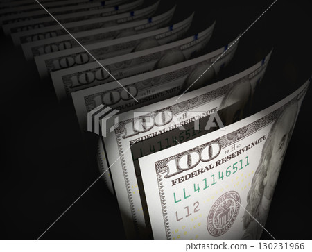 Spot Lit Abstract CLose-up Angle of U.S. 100 Dollar Bills Isolated on a Black Background. Spot Lit Abstract CLose-up Angle of U.S. 100 Dollar Bills Isolated on a Black Background. 130231966