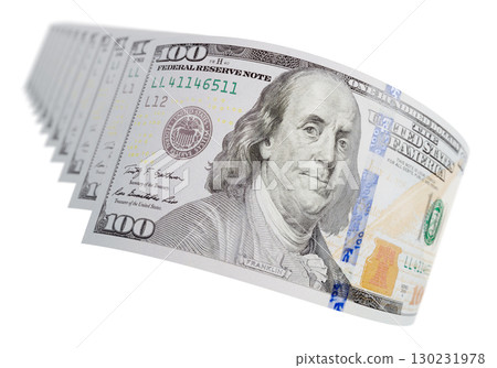 Abstract Set of U.S. 100 Dollar Bills Isolated on a White Background. 130231978