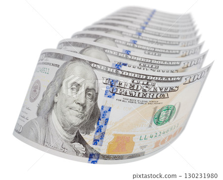 Abstract Set of U.S. 100 Dollar Bills Isolated on a White Background. 130231980