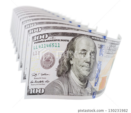 Abstract Set of U.S. 100 Dollar Bills Isolated on a White Background. 130231982
