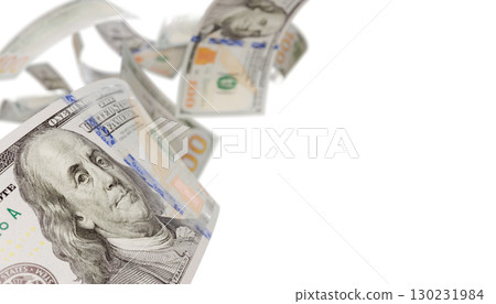 Randomly Falling U.S. 100 Dollar Bills Isolated on a White Background. 130231984