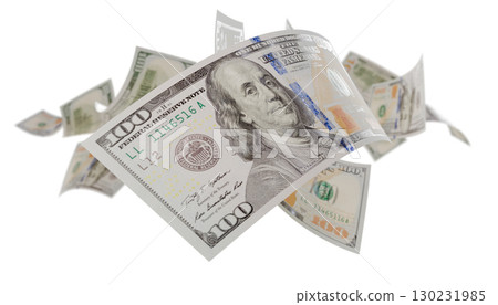 Randomly Falling U.S. 100 Dollar Bills Isolated on a White Background. 130231985